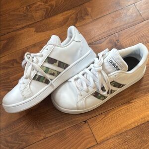 Adidas White Sneakers with Camo Stripes